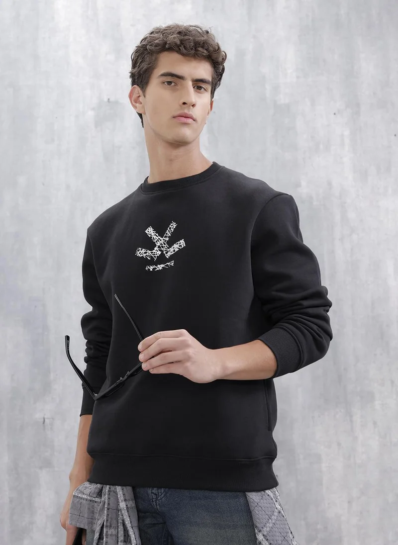 Wrogn Men's Casual Branded Comfort Fit Sweatshirt  | Black